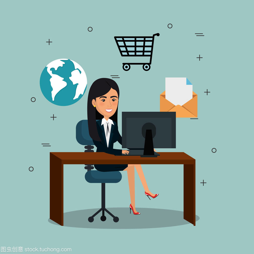 辦公室里的女實業(yè)家用電子郵件營銷圖標(biāo)